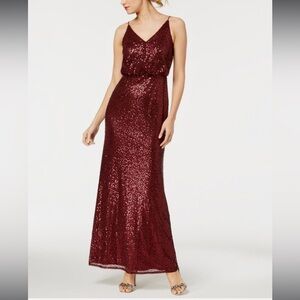 Adrianna Papell Burgundy Deep Wine Maroon Red Sequined Gown Dress